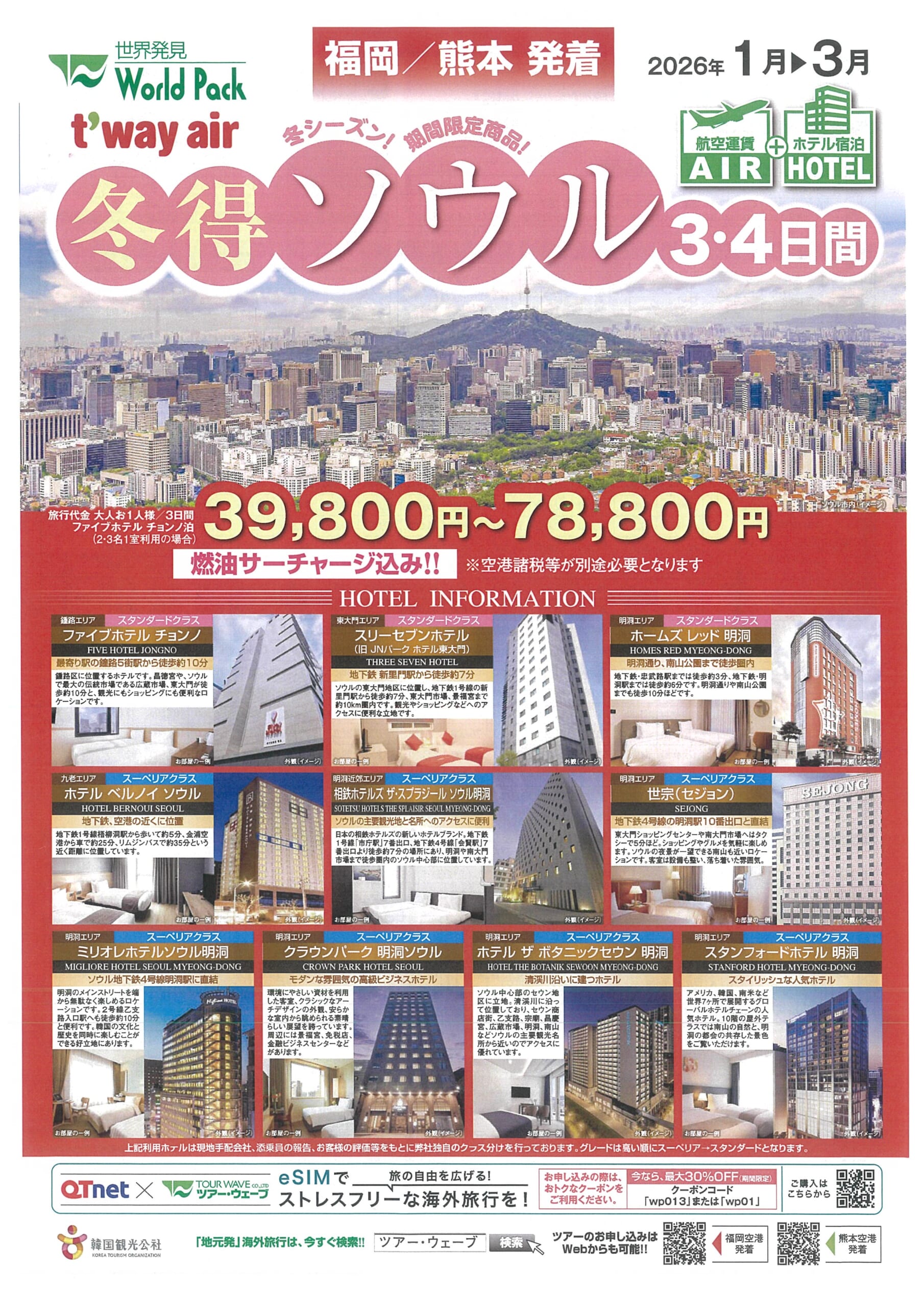 福岡空港発着 ティーウェイ航空 冬得ソウル ３・４日間